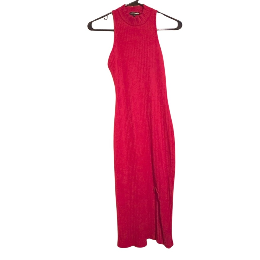 Red Mockneck Ribbed Sleeveless Dress